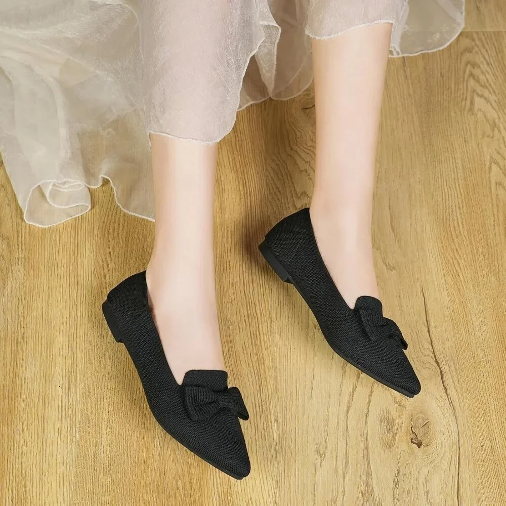 Women Black Pointed Toe Dressy Comfortable Knit Breathable Mesh Ballet Flats